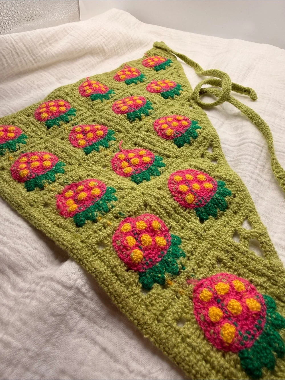 Green Crochet Triangle Head Scarf with Pink Floral Motifs